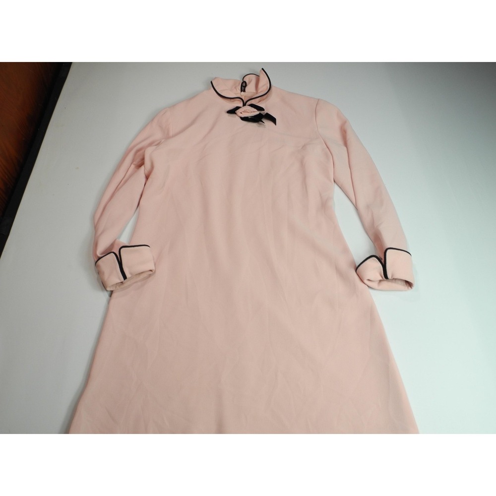 Evan-Picone Dress Womens 12 Pink Black Trim Long Sleeve Bow Collar Vintage Style